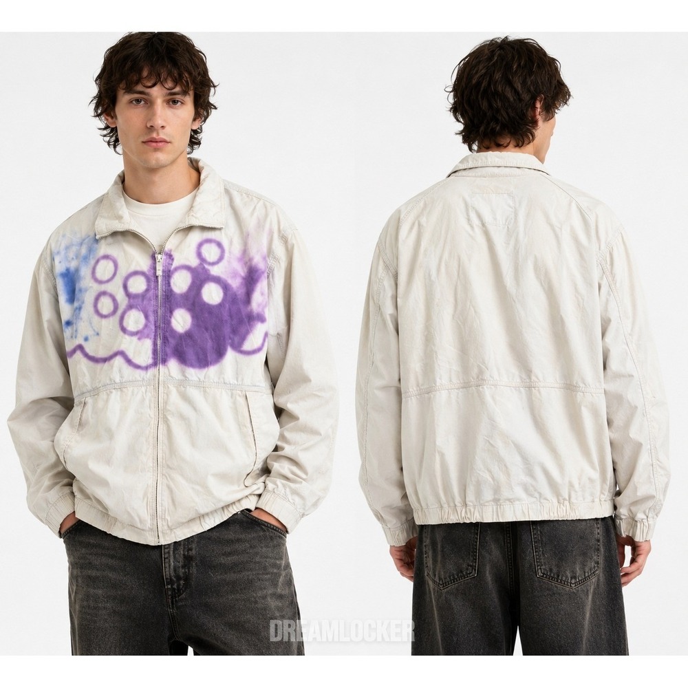Aigle Mens XXL Cotton Ripstop Zip Up Jacket Beige Gorpcore Spray Paint Graphic‎
